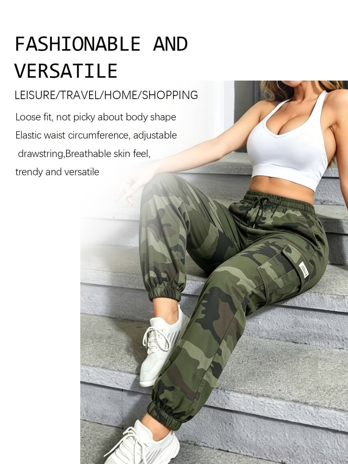 Women's Camo Cargo Pants – Lightweight Breathable Hiking Outdoor Casual Long Pants Multi-Pocket Elastic Waist XS-XXL Camouflage