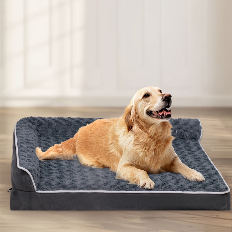 Large Dog Sofa Bed L-Shaped – Tri-Color Fabric Pet Sofa with Removable Cover & Non-Slip Base, Deep Sleep Orthopedic Couch Bed for Large & Medium Dogs
