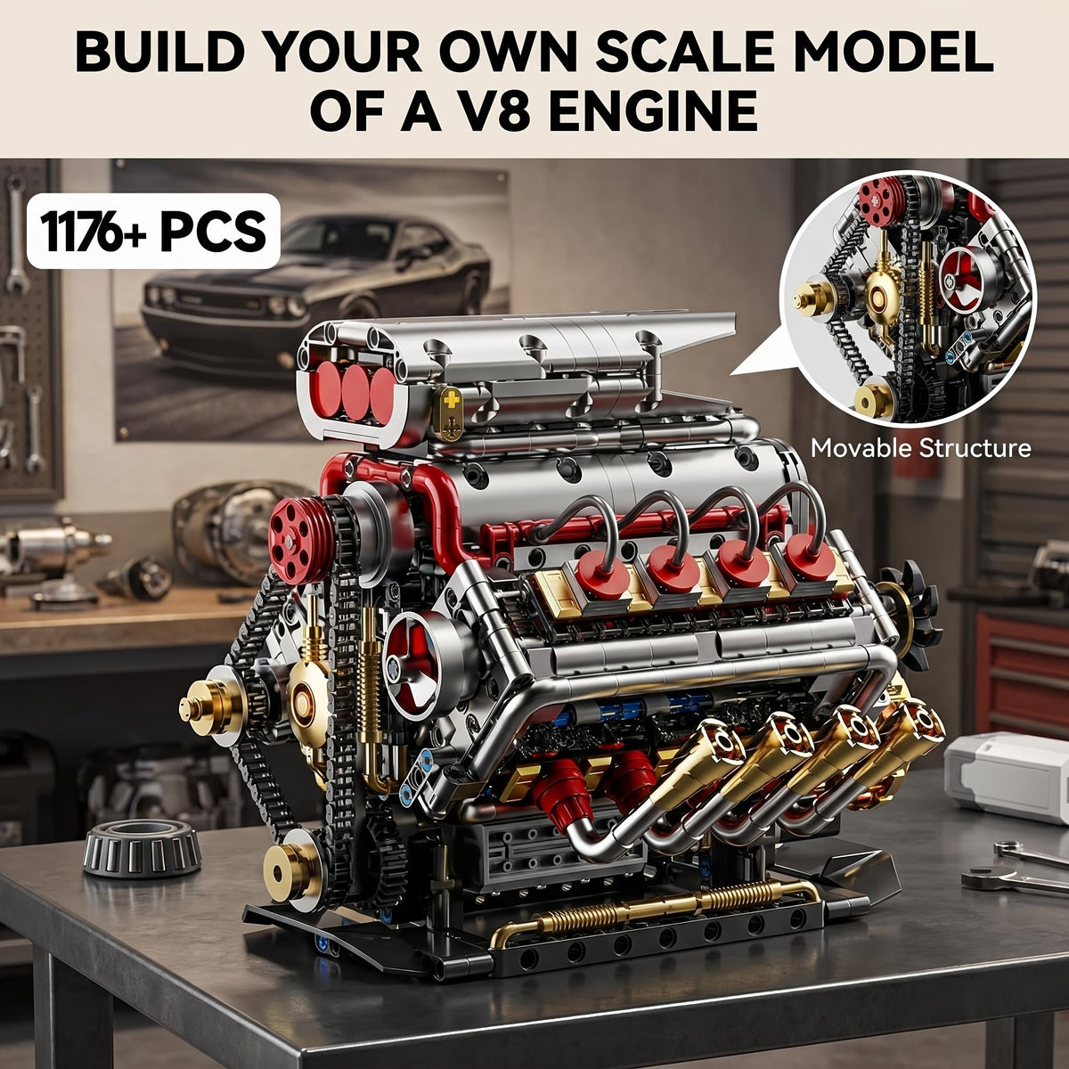 V8 Engine Building Block Kit 1176pcs - Operable Car Engine Model with Rechargeable Motor, STEM DIY Assembly Set, Desktop Display Collectible | Hobby Gift for Mechanics & Engineering Enthusiasts