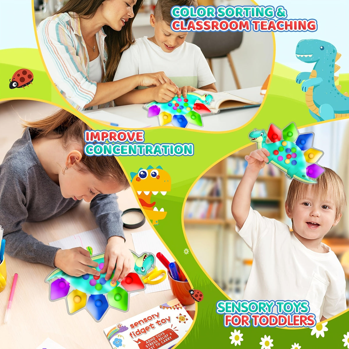 Dinosaur Color Sorting Sensory Fidget Toy Bag Fine Motor Skills Toy Color Classification Learning Activity for Toddlers Preschool Classroom Road Travel Valentine Gift