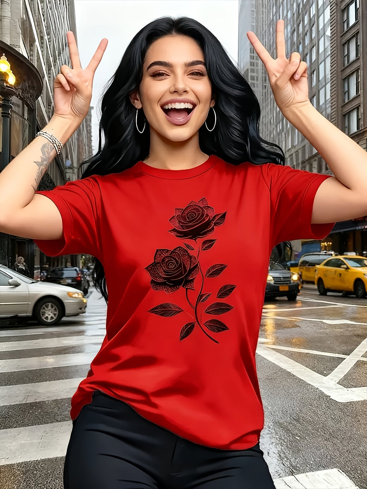 Women's Rose Pattern Crew Neck T-Shirt Elegant Casual Breathable Lightweight Knit Top - Floral Print Short Sleeve Tee for Spring Summer Daily Wear Brunch Outfits