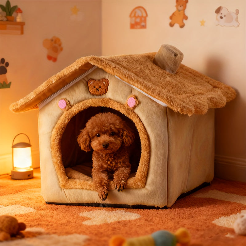 Cute House Dog Bed for Small Dogs - Warm Winter Plush Thick Cushion Pet House Bed for Teddy Chihuahua Pomeranian Bichon Schnauzer Bulldog, Indoor Dog Room Cozy Sleeping Nest