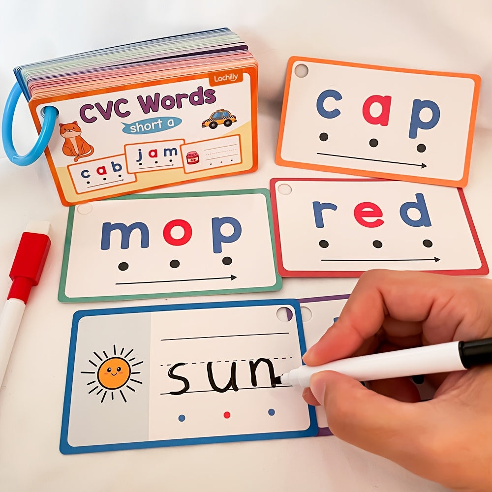 60 Pcs Erasable CVC Word Phonics Flash Cards for Kids Kindergarten Preschool Reading Spelling Learning Aids Beginning Readers Word Builders Mixed Colors Classroom Homeschool Supplies Gift