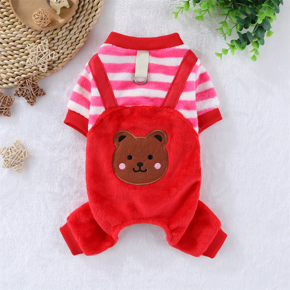 Dog Winter Fleece Overalls for Small Dogs & Cats – Cute Bear Embroidered Striped Jumpsuit, Warm Cold-Weather Pet Clothes with Leash Hole, Cozy Puppy & Kitten Outfit for Outdoor Walks