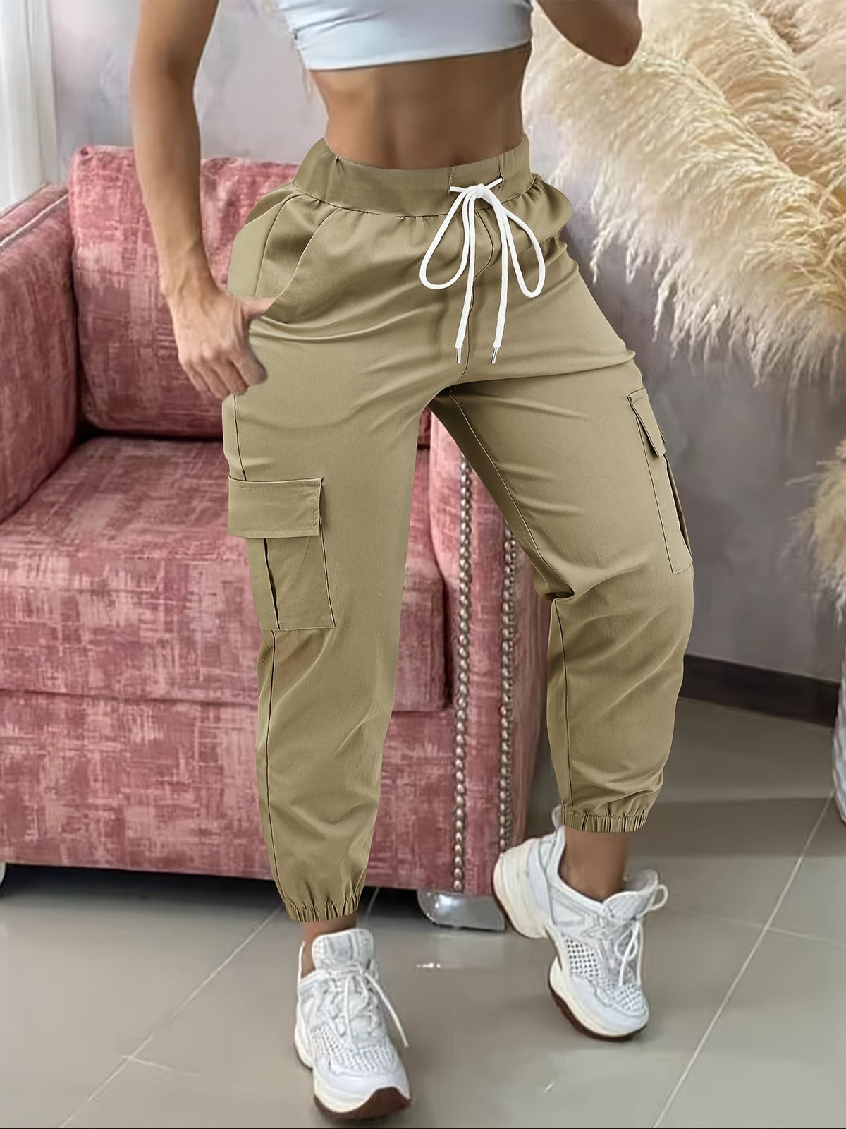 Cargo Pants Women Drawstring Waist Multiple Pockets Frayed Hem All-Season Comfort Fit Casual Wear - Black Khaki Olive Grey Navy Dark Gray S M L XL XXL Woven Stretch Fabric