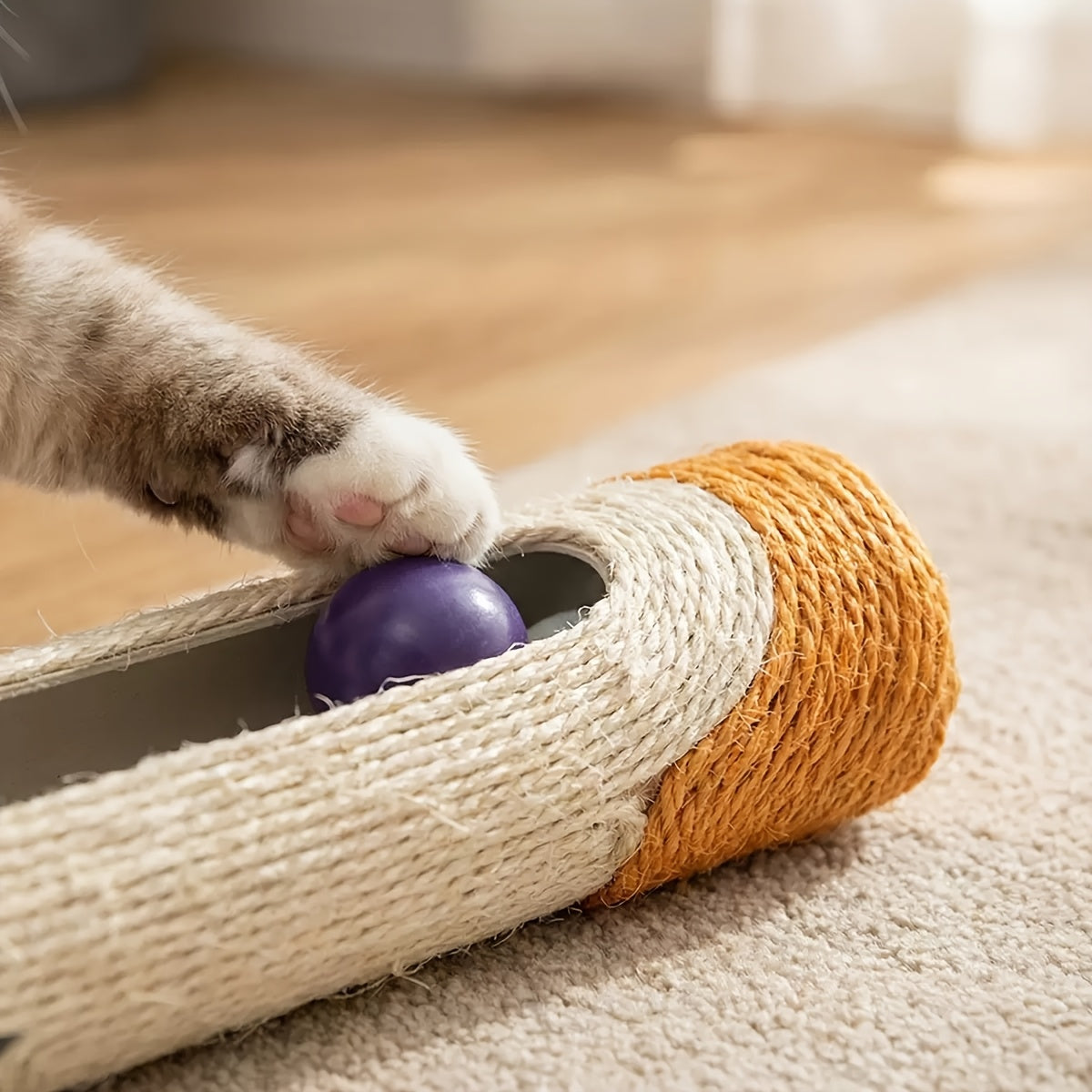 Sisal Rope Cat Scratch Toy - Long Drum Cat Scratcher with 3 Rolling Balls, Bite & Scratch Resistant Interactive Cat Toy for Indoor Cats, Keeps Cats Entertained & Protects Furniture