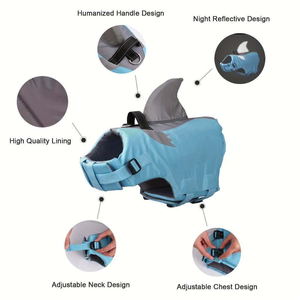 Shark Shape Dog Life Jacket for Swimming, Reflective Adjustable Pet Safety Vest with Rescue Handle for Small to Large Dogs, Lightweight Dog Life Preserver for Pool Beach Lake Boating, XS to XXL