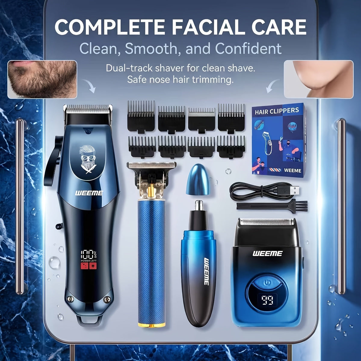 Men's Electric Hair Clipper Grooming Set USB Rechargeable Cordless Nose Hair Trimmer Shaver Kit 2/4/5-Piece Professional Lithium Battery Father's Day Birthday Gift for Men Home Barber