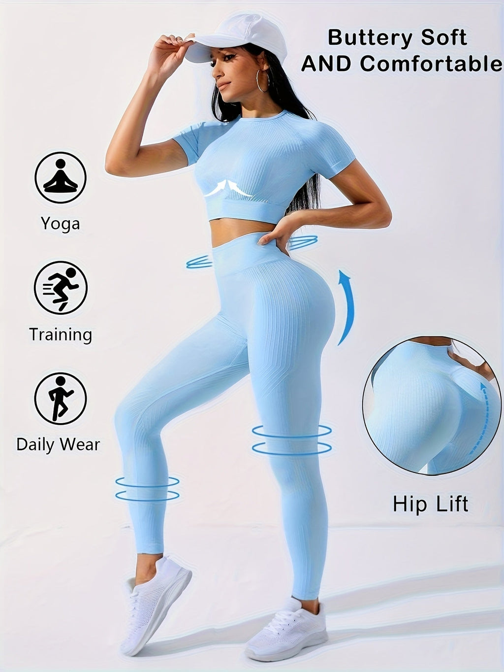 Women's 2-Piece Workout Set - Yoga Crop Top & High Waist Leggings, Crew Neck Medium Stretch Solid Color All-Season Activewear for Gym Fitness Pilates Running, Sizes XS-XL