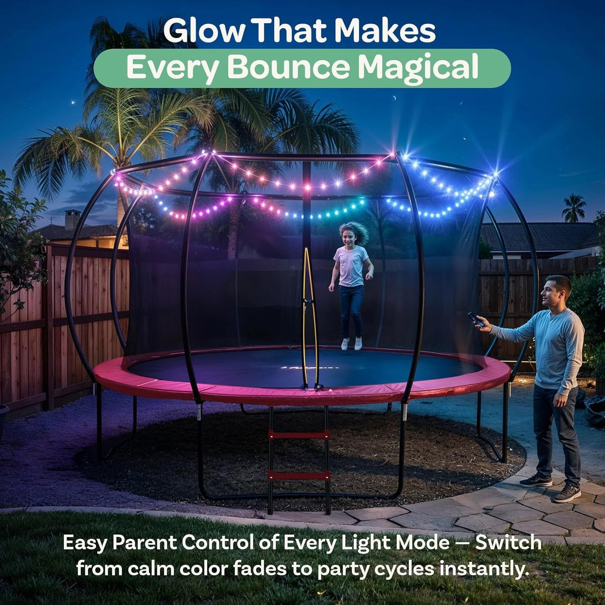 JoyBerri Outdoor Trampoline with Enclosure Net - 8FT to 16FT Backyard Trampoline for Kids & Adults, Heavy Duty Anti-Rust Frame, LED Lights, Sprinkler & Ladder Included | Family Fitness Fun Gift