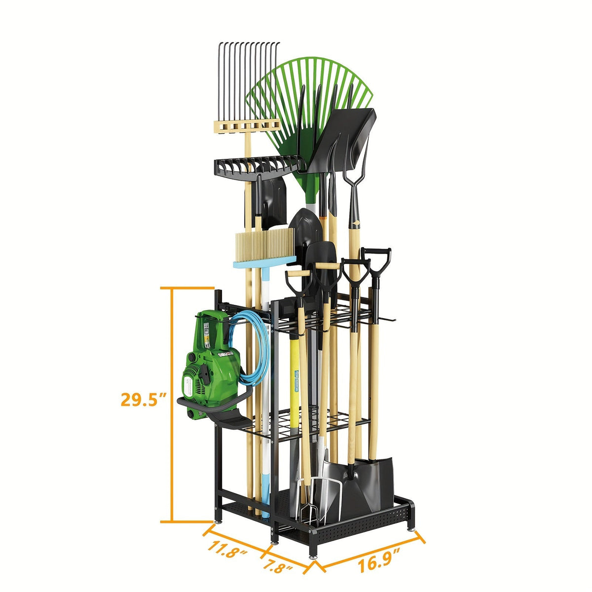 Garden Tool Organizer for Garage Heavy Duty Metal Rack with Hooks – Freestanding Yard Tool Stand Holder for Long-Handled Brooms, Shovels, Rakes & Outdoor Tools, Black Storage Rack
