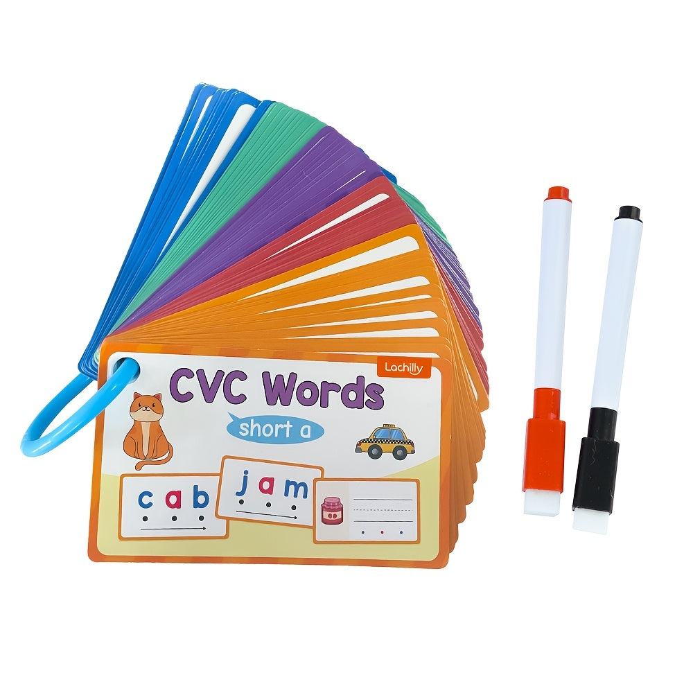 60 Pcs Erasable CVC Word Phonics Flash Cards for Kids Kindergarten Preschool Reading Spelling Learning Aids Beginning Readers Word Builders Mixed Colors Classroom Homeschool Supplies Gift