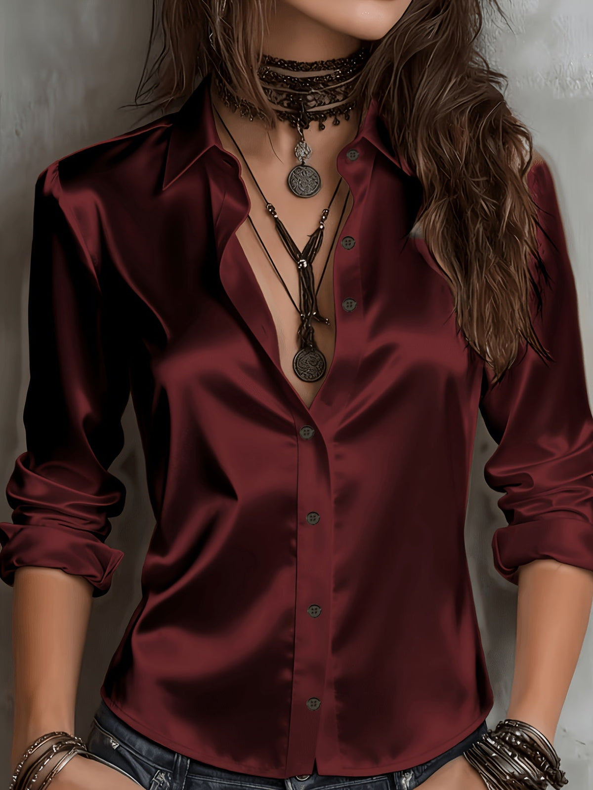 Women's Satin Shirt Elegant Commuter Blouse All Season Temperament Button-Down Top Silky Smooth Office Work Casual Wear S M L XL XXL
