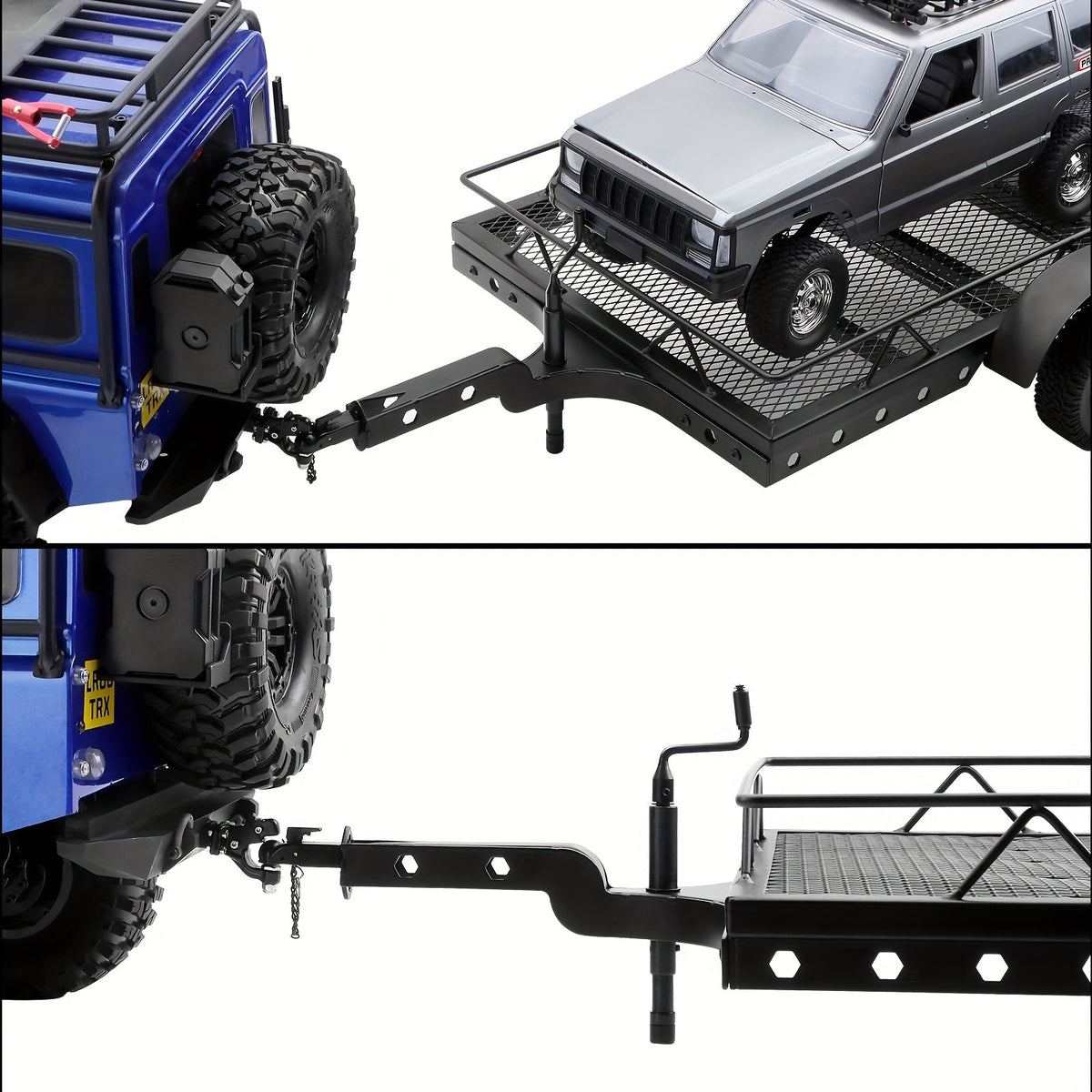 1/10 Scale RC Trailer Kit with Metal Flatbed, Adjustable Hitch & Kinetic Winch Strap – Dual Axle Flatbed Trailer Compatible with TRX4, TRX6, SCX10, Gen7, Gen8 RC Crawlers & Trucks