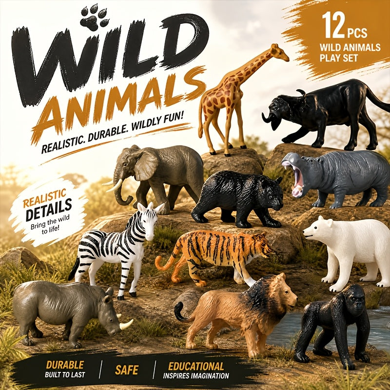 12pcs Realistic Mini Wildlife Animal Figurines Set Jungle Zoo Animal Statue Toys for Kids Toddlers Party Favors Easter Eggs Christmas Birthday Gifts