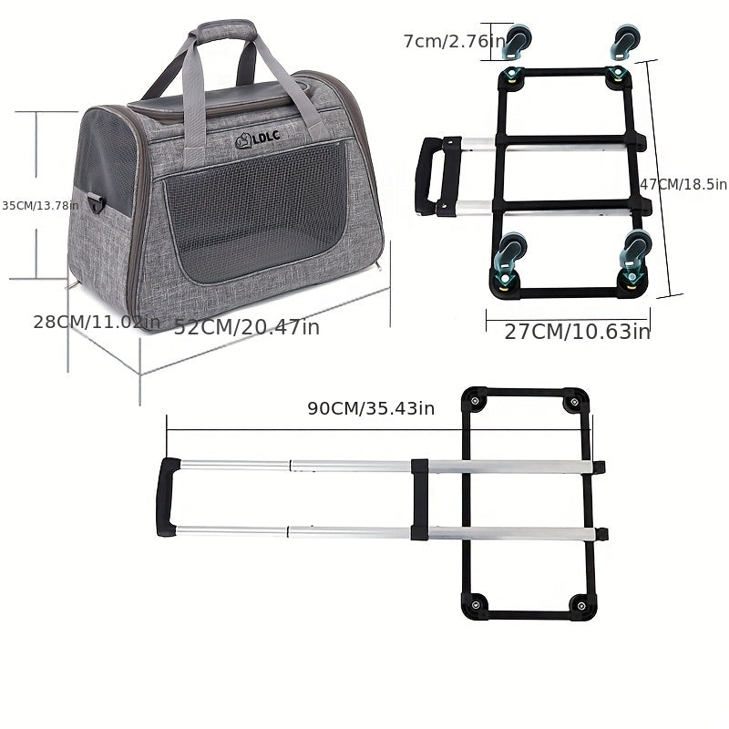 2-in-1 Rolling Pet Carrier with Wheels - Trolley Cat Carrier Backpack for Travel, Detachable Wheeled Cat Bag for Cats and Small Dogs, Airline-Friendly Pet Luggage Carrier, Light Grey & Light Pink