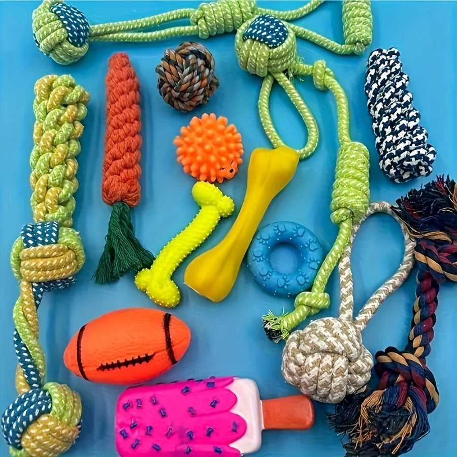 Knot Braided Rubber Dog Chew Toy Set 3/5/7pcs - Puppy Teething Relief Indoor Outdoor Training Toys for Small Dogs, Random Styles & Colors Bundle
