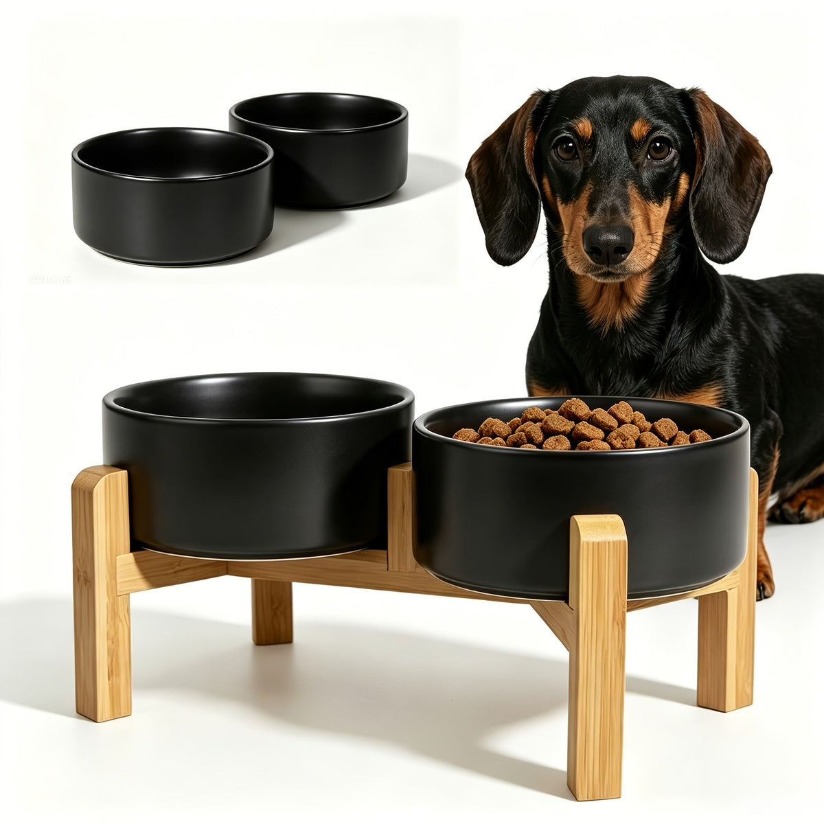 Elevated Ceramic Dog Bowl Set with Bamboo Stand - Raised Double Dog Bowls 28.74oz Non-Slip Feeder for Dogs Cats & Puppies, Adjustable Height Slow Feed Dog Food Bowl with Storage (4 Colors)
