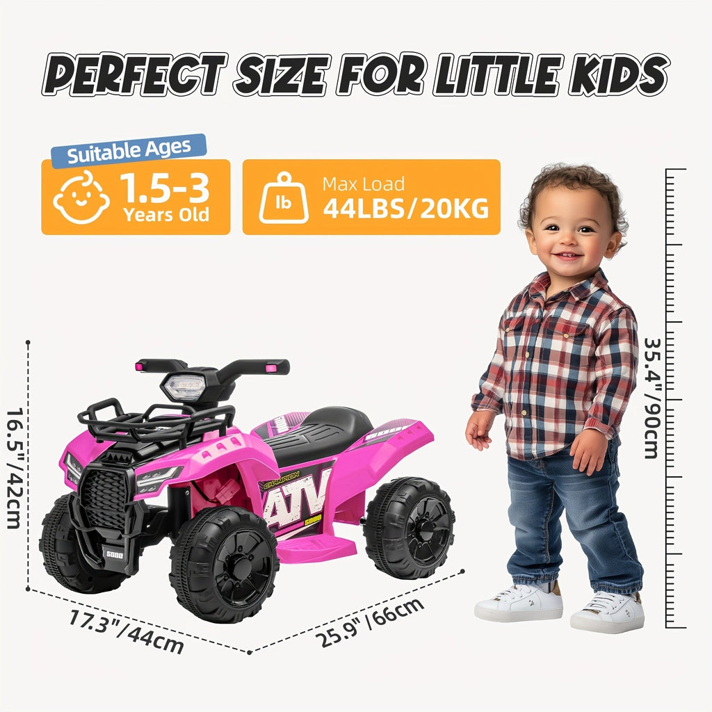 6V Kids Ride On Toy 4-Wheeler Quad ATV for Toddlers 18-36 Months – Electric Ride On Car with 1.2 MPH Speed, Treaded Tires, Rubber Handles & Push-Button Start – Pink, Black, Green, Red – Best Gift for Boys & Girls