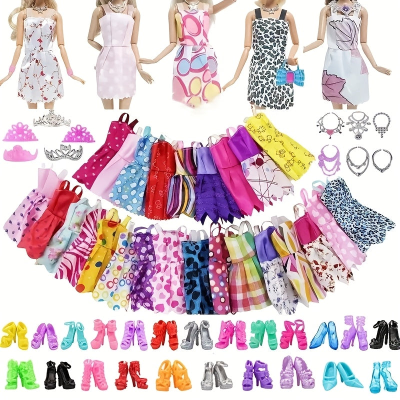 32-Piece Girl Doll Dress-Up Fashion Set – 10 Outfits, 10 Pairs of Shoes, 6 Crowns & 6 Necklaces, Multi-Color Random Style, Doll Wardrobe Accessories for Kids