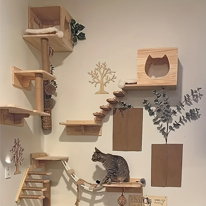 Wall-Mounted Wooden Cat Tree with Sisal Rope Cat Ladder Indoor Cat Furniture Space-Saving Cat Climbing Shelf Activity Center for Indoor Cats