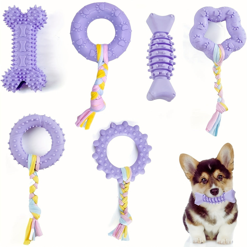 Soft Rubber Dog Chew Toys 6pcs – Teething Toys for Small Dogs, Interactive Teeth Cleaning Chew Set, 4 Colors: Purple, Green, Blue, Pink