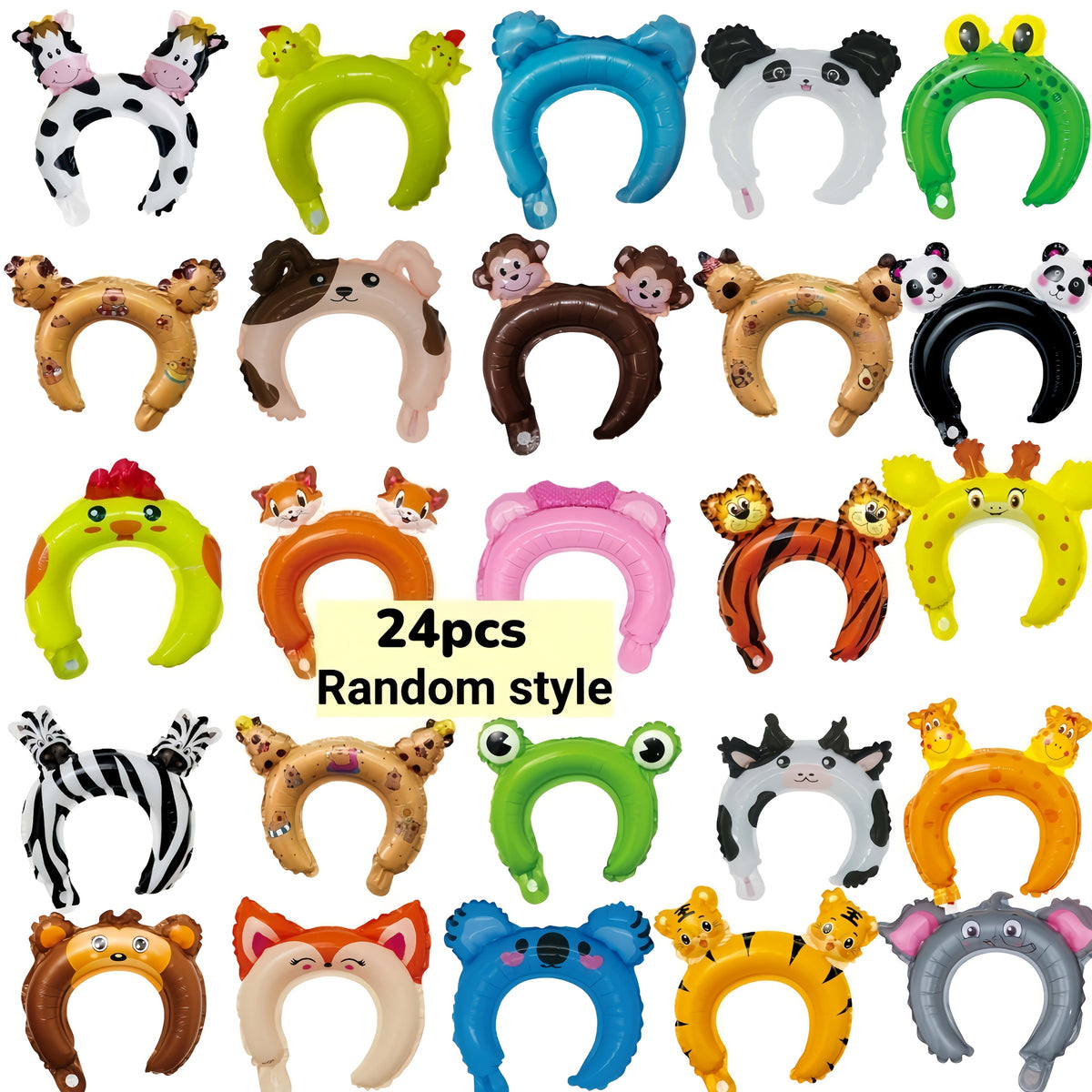 24pcs Zoo Animal Inflatable Headbands for Kids – Safari Jungle Farm Wildlife Balloon Hair Hoops, Jungle Theme Birthday Party Supplies, Animal Costume Party Favors for Boys & Girls (Random Pattern)