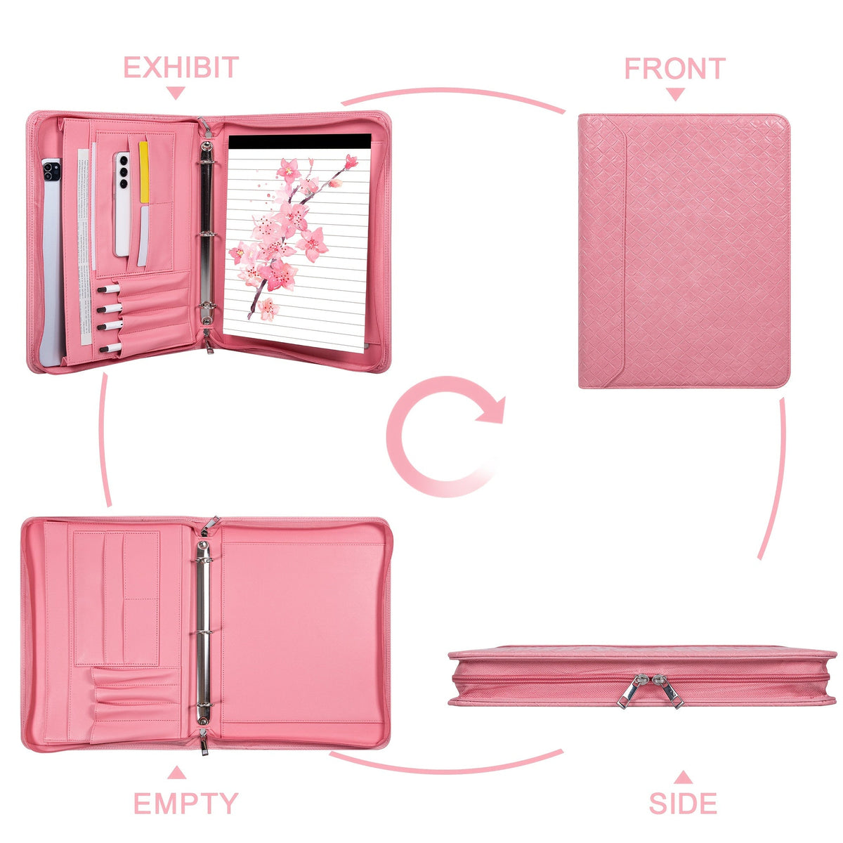 Vegan Leather Portfolio Binder 3-Ring Zipper A4 Legal Laptop Pocket Work Organizer for Women Men