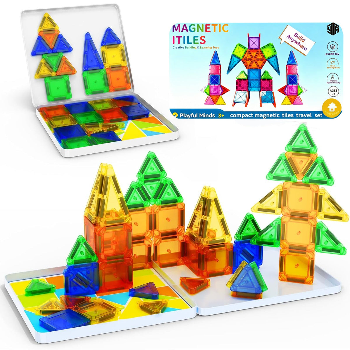 Mini Magnetic Tiles Travel Set with Tin Box for Kids - Portable Magnetic Building Blocks Toy for Boys and Girls Ages 3+, STEM Creative Construction Kit, 26 or 32 Piece Set, Birthday & Christmas Gift