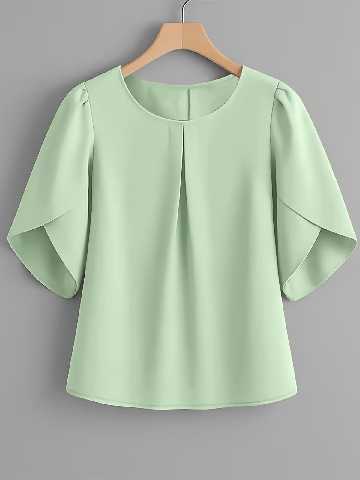 Women's Chest Pleated Ruffle Cuff Short Sleeve Blouse – Elegant Semi-Sheer 100% Polyester Woven Crew Neck Split Sleeve Fashion Shirt