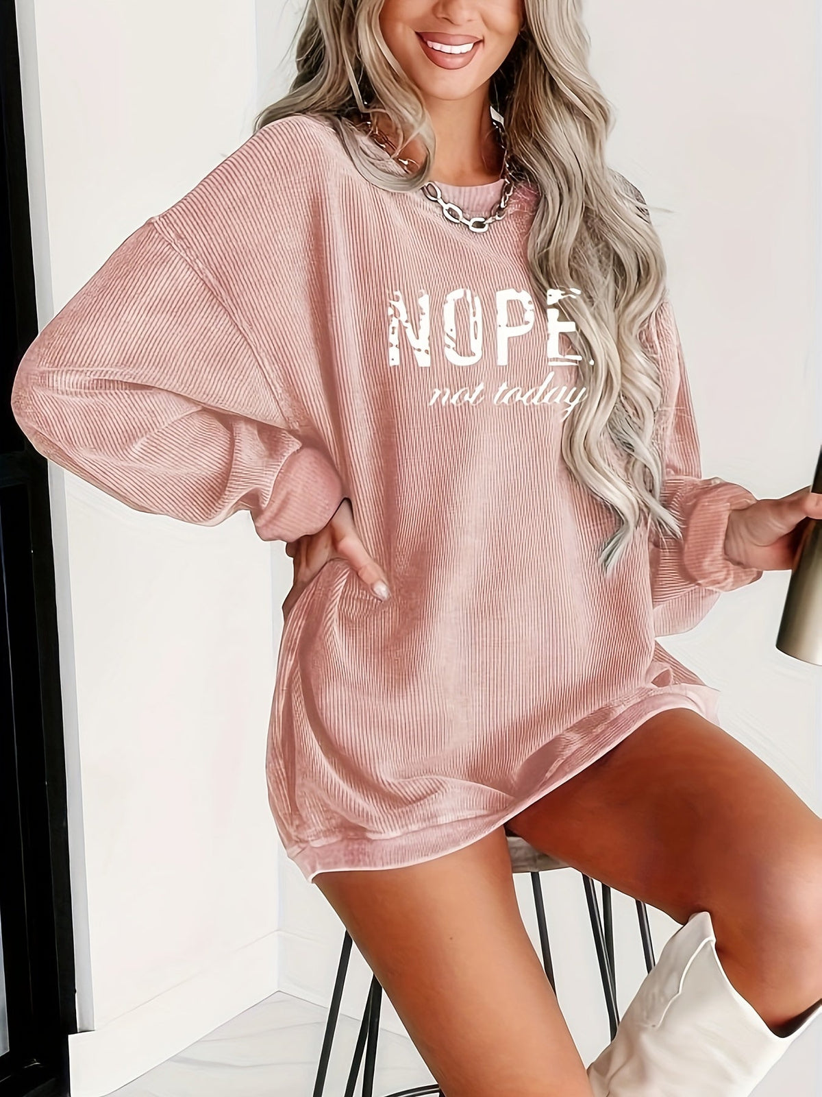 NOPE Printed Long Sleeve Top Women Crew Neck Graphic Shirt Casual Pullover S M L XL XXL Khaki Pink Letter Print