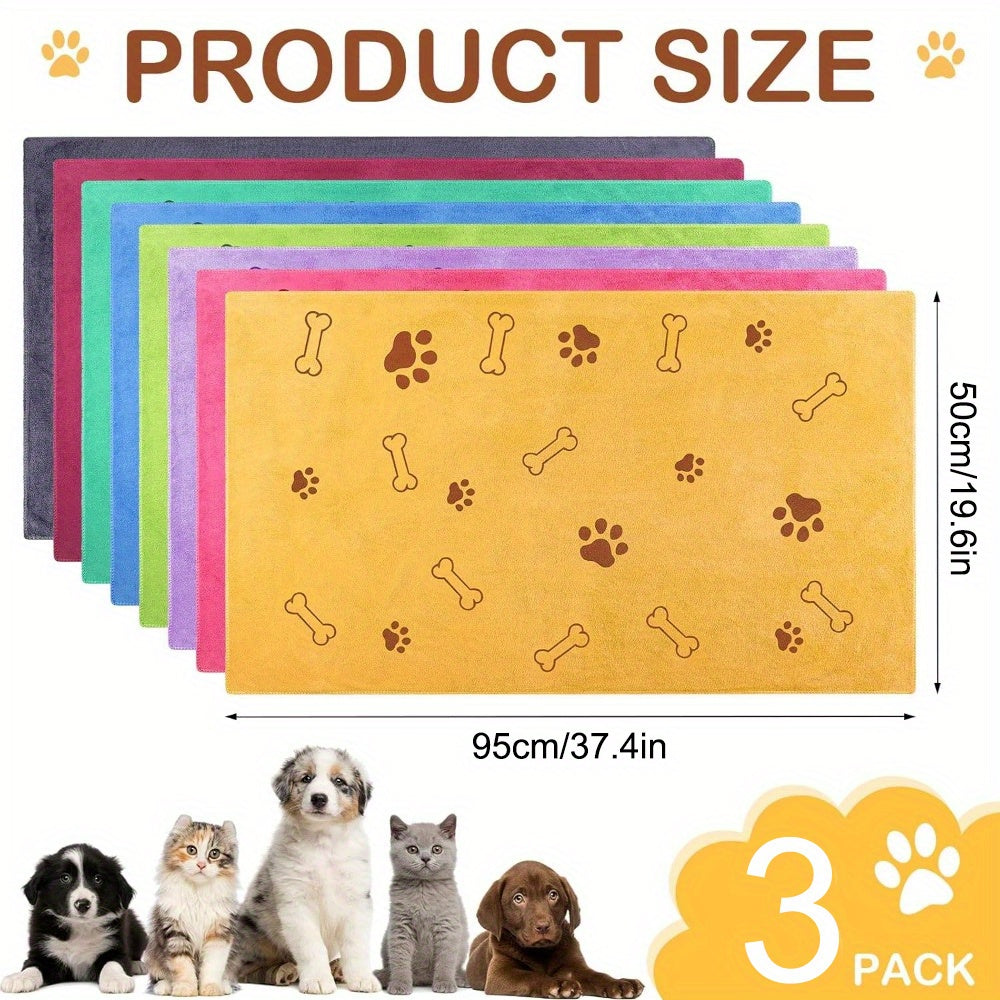 Quick-Dry Pet Towels 3-Pack – Soft Absorbent Microfiber Dog Bath Towels with Cute Paw Print Design, Fast-Drying Bathing Supplies for Small Medium Large Dogs and Cats, Random Colors