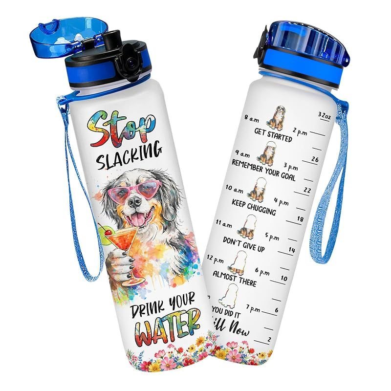 Bernese Mountain Dog Water Bottle 32oz with Time Marker & Flip Lid – Motivational Hydration Tracker Sports Bottle with Carry Strap, Reusable BPA-Free Gift for Dog Lovers