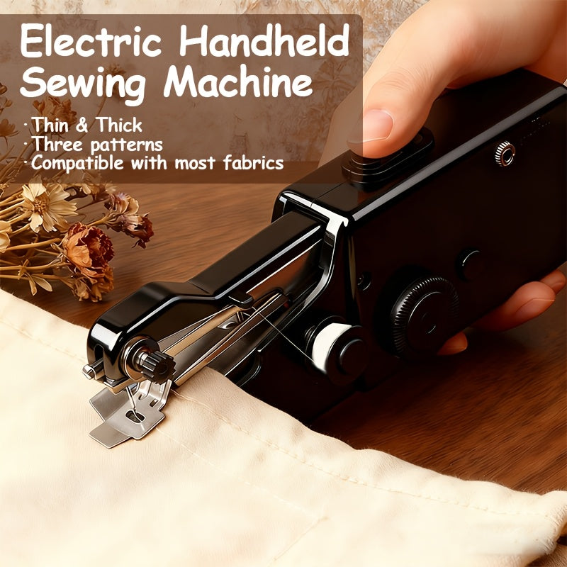 Compact Handheld Sewing Machine Kit Portable Battery Powered with Needles Bobbins Thread Spool Needle Threader and Fabric Sample – Quick Repair Tool for Clothes Garments Curtains and DIY Sewing Projects