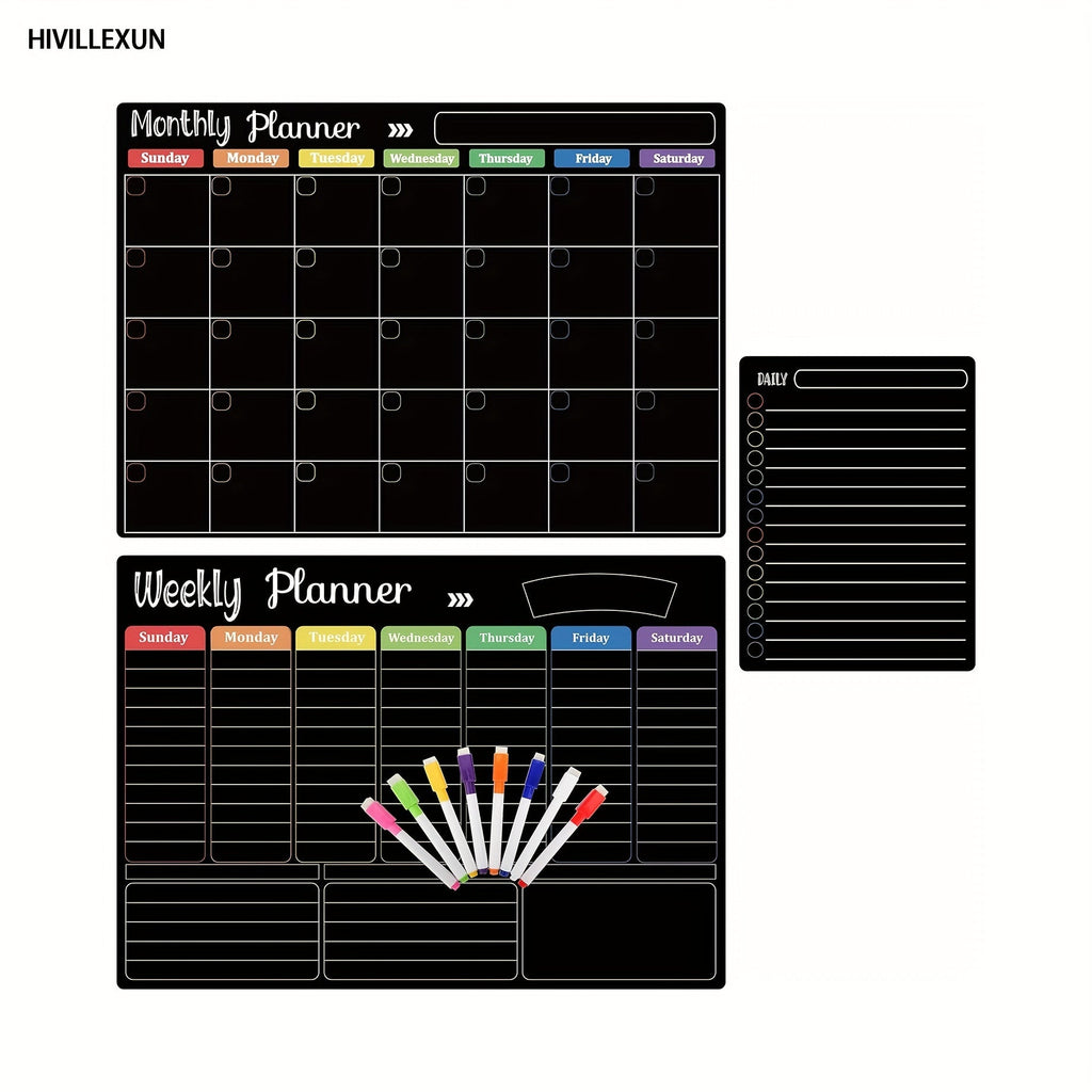 Hivillexun Black Magnetic Dry Erase Board Set of 3 – Monthly, Weekly & Daily Planner Boards for Refrigerator & Wall, Family Organizer Calendar with 8 Dry Erase Markers Included