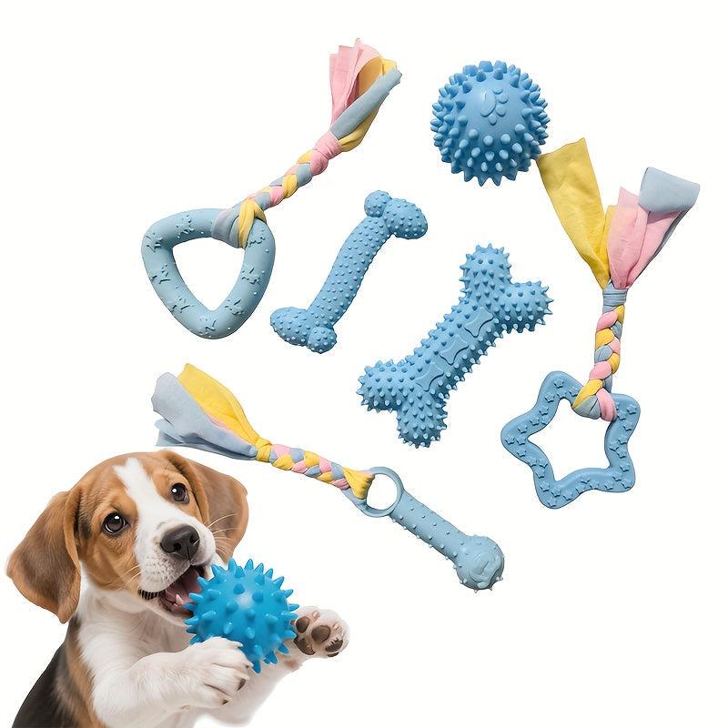 Dog Chew Toys Set of 6 Durable Rubber Interactive Teething Toys for Dogs Puppy Teeth Cleaning Chewing Toys for Aggressive Chewers Small Medium Large Breeds – Color-Themed Pet Dental Chew Toy Bundle
