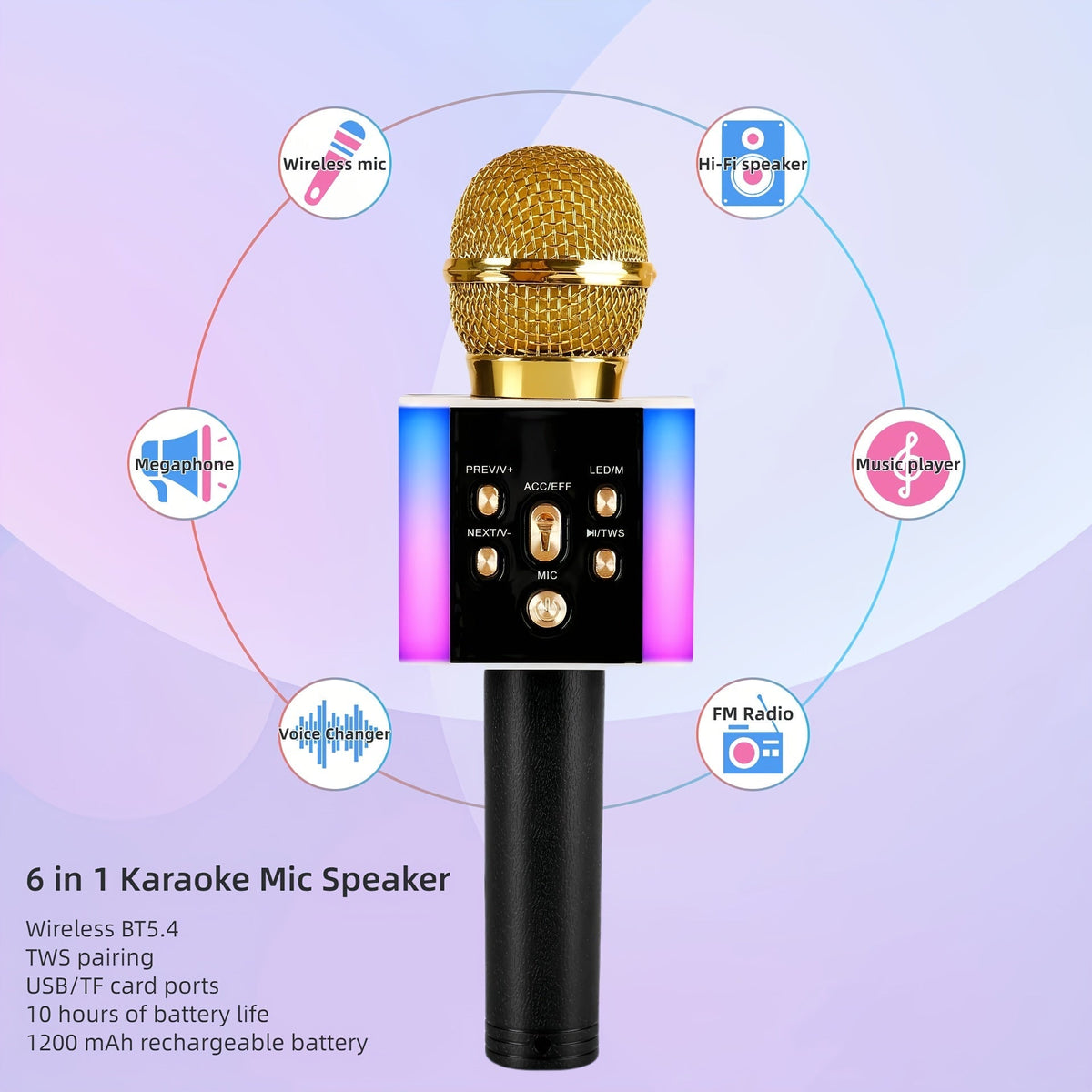 5-in-1 Wireless Karaoke Microphone with Built-In Speaker, LED Lights & Voice Changer – Portable Bluetooth Singing Mic for Parties, Family Gatherings, Travel & Outdoor Fun, 10 Colors