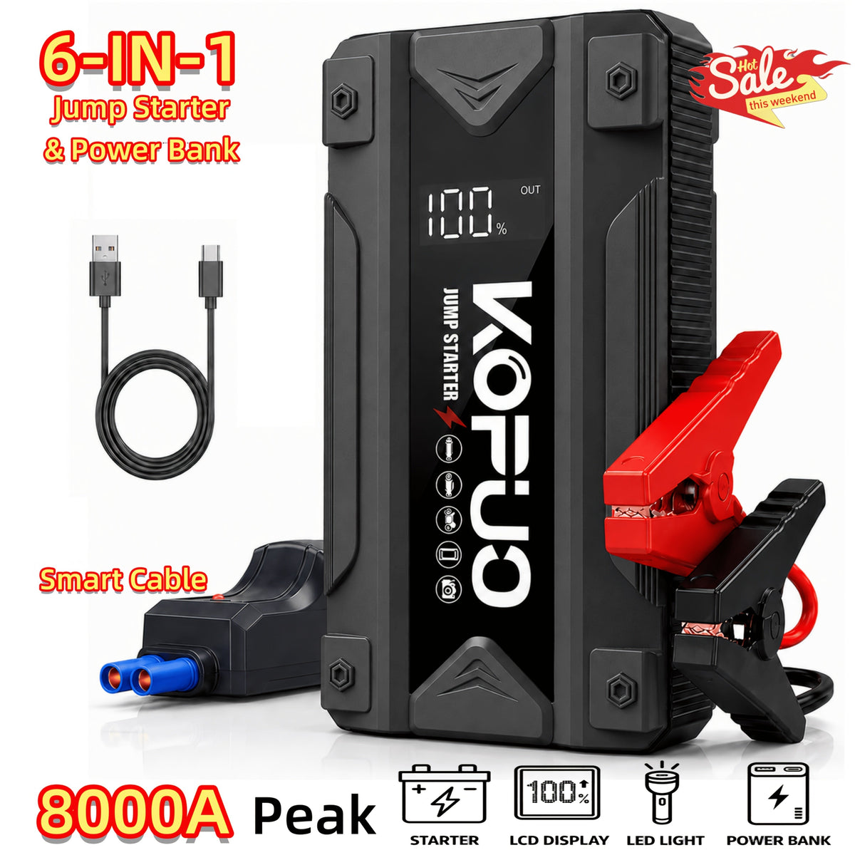 Portable Car Jump Starter with Air Compressor 20000A Peak 7-in-1 Battery Booster Pack with 150PSI Tire Inflator, Power Bank, LED Light & LCD Display – 12V Emergency Roadside Kit for Car SUV Truck