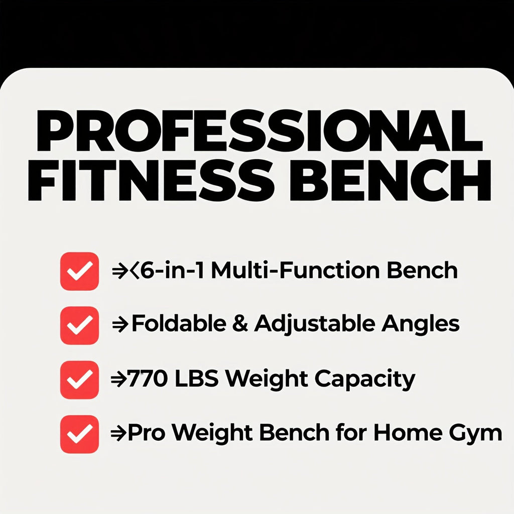 Foldable 6-in-1 Adjustable Weight Bench for Home Gym – 770 LBS Capacity, Flat Incline Decline, Resistance Bands, Preacher Curl Pad & Leg Developer, Full Body Strength Training Equipment