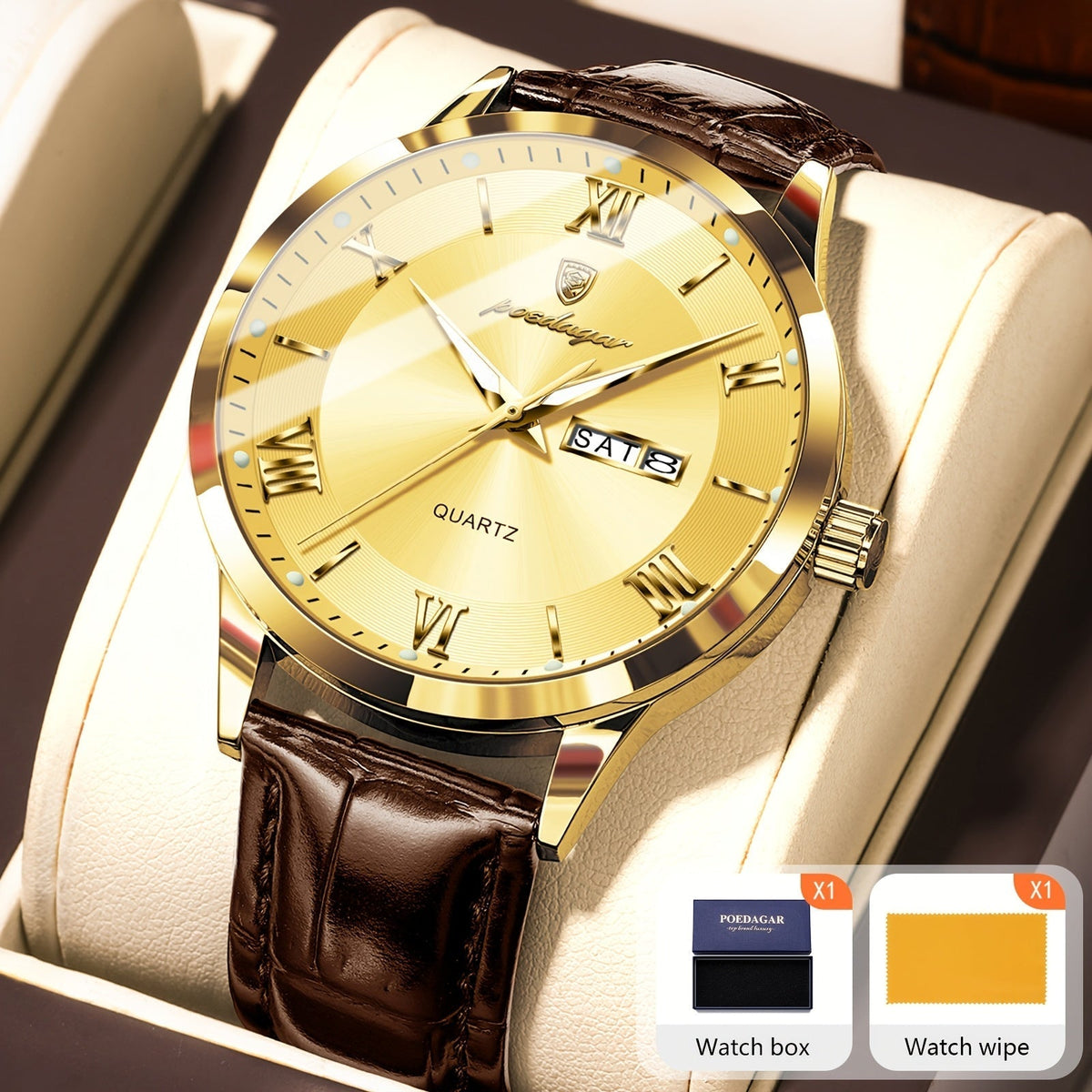 POEDAGAR Men's Quartz Watch Waterproof Luminous Dial Calendar Week Display – Casual Sports Analog Wristwatch Alloy Case 11 Colors Silver Gold Black Blue Gift for Men
