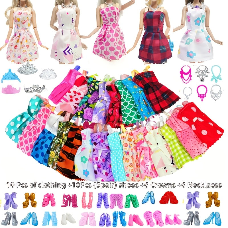 32-Piece Girl Doll Dress-Up Fashion Set – 10 Outfits, 10 Pairs of Shoes, 6 Crowns & 6 Necklaces, Multi-Color Random Style, Doll Wardrobe Accessories for Kids
