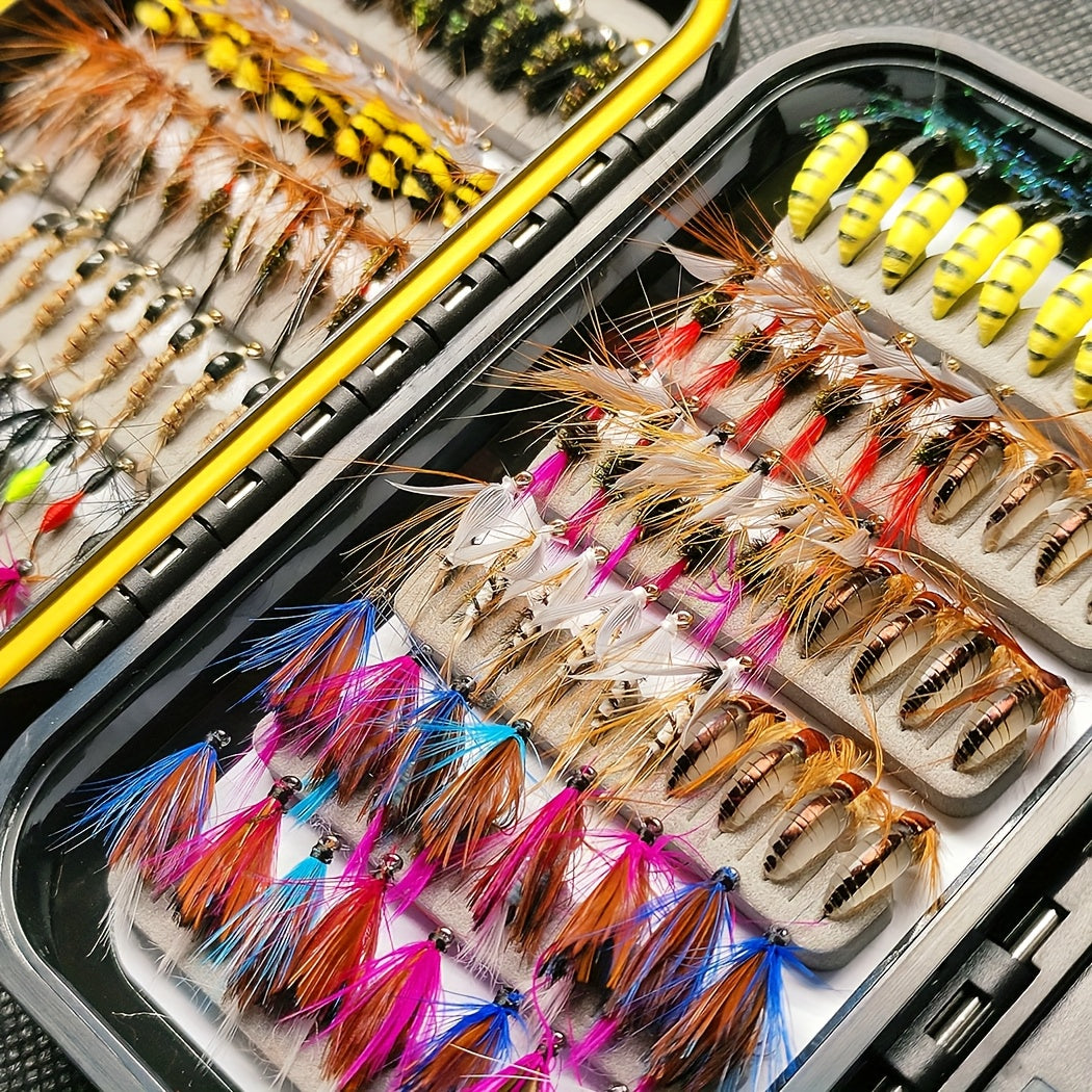 114-Piece Fly Fishing Lures Assortment with Portable Box - 11 Mixed Styles Dry/Wet Flies, Nymphs & Streamers, Size 10 Hooks for Trout, Bass, Salmon, Steelhead & Carp - Freshwater & Saltwater