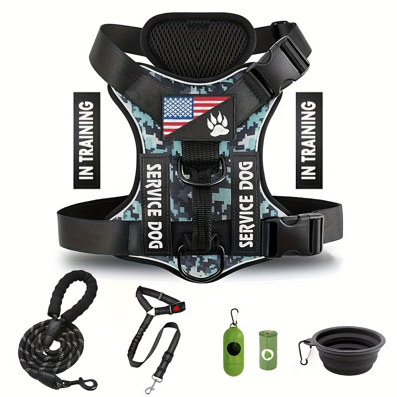 Dog Vest Harness Set with Leash – Adjustable No-Pull Harness Includes 5 Patches, Seat Belt, Collapsible Bowls & Poop Bag Dispenser for Training Walking Hiking XS to XL