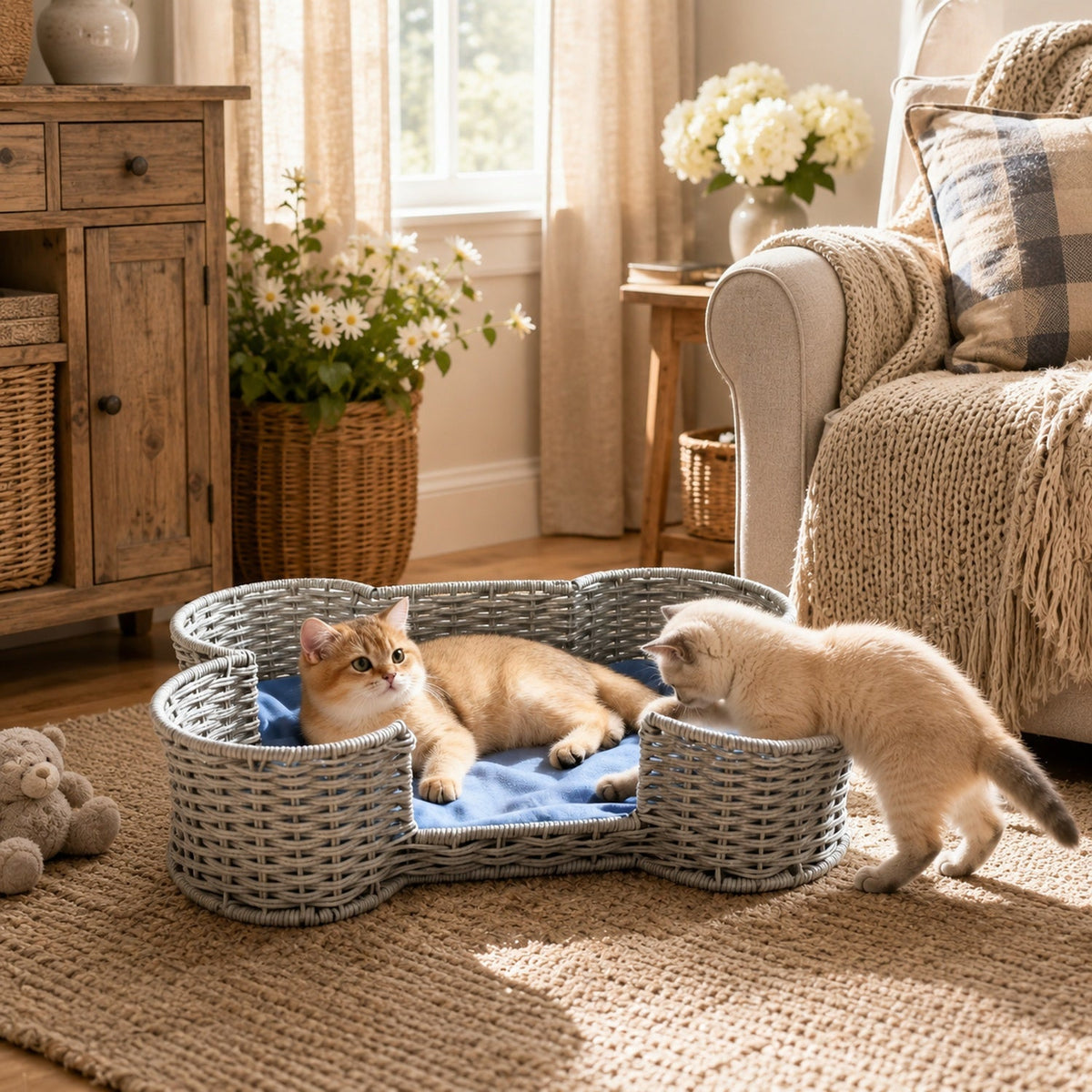 Bone Shaped Dog Toy Storage Basket – Hand Woven Faux Rattan Pet Toy Organizer Bin for Cat & Dog Toys, Leashes & Accessories, Farmhouse Home Decor Style