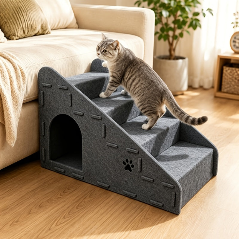 3-in-1 Pet Stairs 4-Step Multifunctional Dog & Cat Ladder - Detachable Felt Ramp with Non-Slip Wide Deep Steps, Converts to Cat Bed & Scratching Board, Durable Sofa Step Stool for Small Medium Dogs