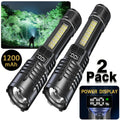 Rechargeable Tactical Flashlight 2 Pack USB COB LED – Ultra Bright 5 Modes Zoomable 200-500M Beam LCD Display for Camping Fishing Hunting Cycling Emergency