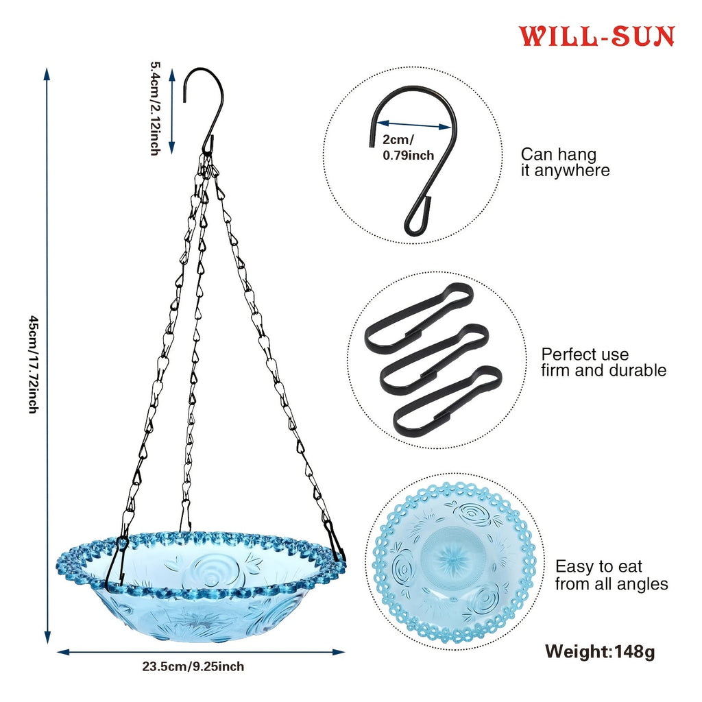 Hanging Bird Feeder 2-Pack with Chain - Decorative Double Bowl Bird Bath & Feeder for Outdoor Garden & Yard, Attracts Hummingbirds & Wild Birds, No Electricity Needed, Durable Plastic (4 Colors)