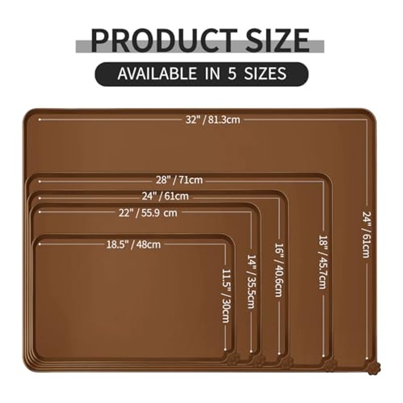 Silicone Pet Feeding Mat Waterproof Non-Slip 18.5x11.5 Inch for Dogs Cats - Dishwasher Safe Dog Bowl Mat Placemat for Food and Water Bowls - Brown Pet Mat Floor Protector