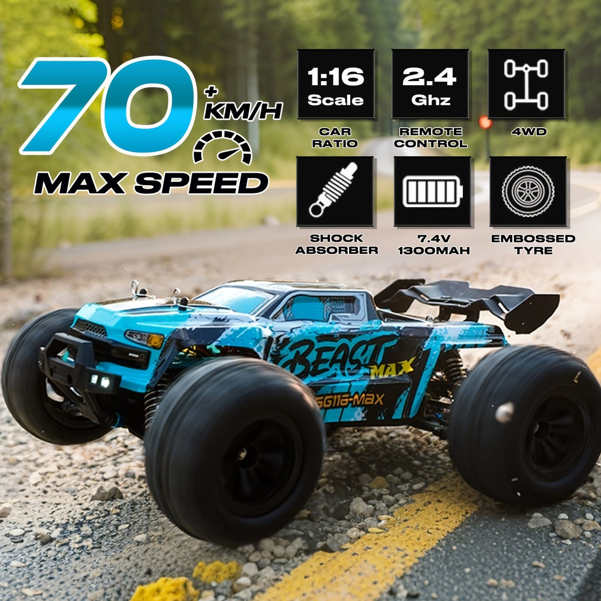 High Speed RC Car 70KM/H 1:16 Scale 4WD Off-Road Remote Control Car with RC390 Brushless Motor, 2.4GHz, Head-Up Wheelie, LED Lights, All Terrain Drift Racing Vehicle – ZHUOYOU 2 Batteries Included