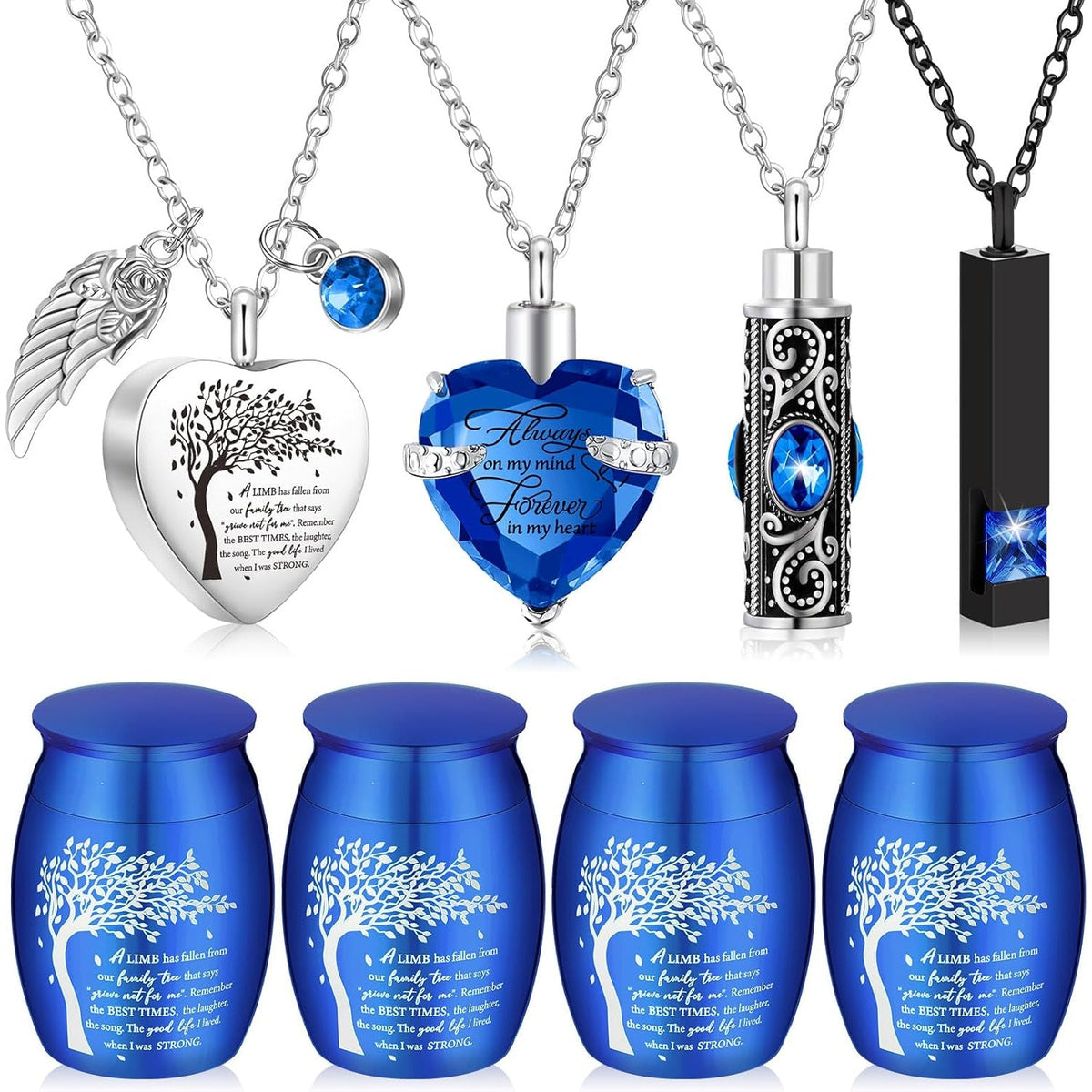 8-Piece Small Cremation Urns for Ashes – Alloy Keepsake Ash Holder Set with Family Tree Memorial Heart Locket Pendant for Adults Men & Women, Burial & Cremation Remembrance Gift, 8 Colors